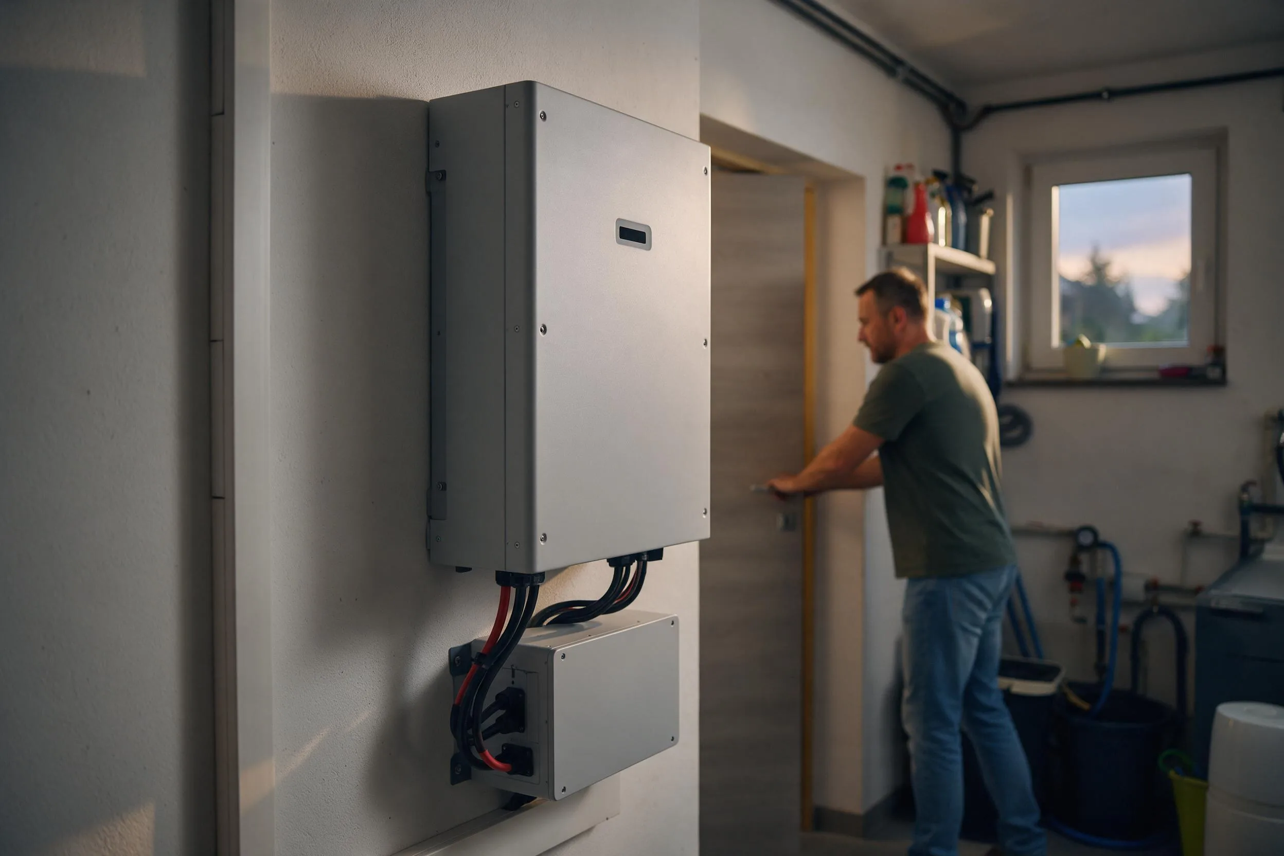 Domowy magazyn energii z falownikiem zamontowany na ścianie w kotłowni domu jednorodzinnego